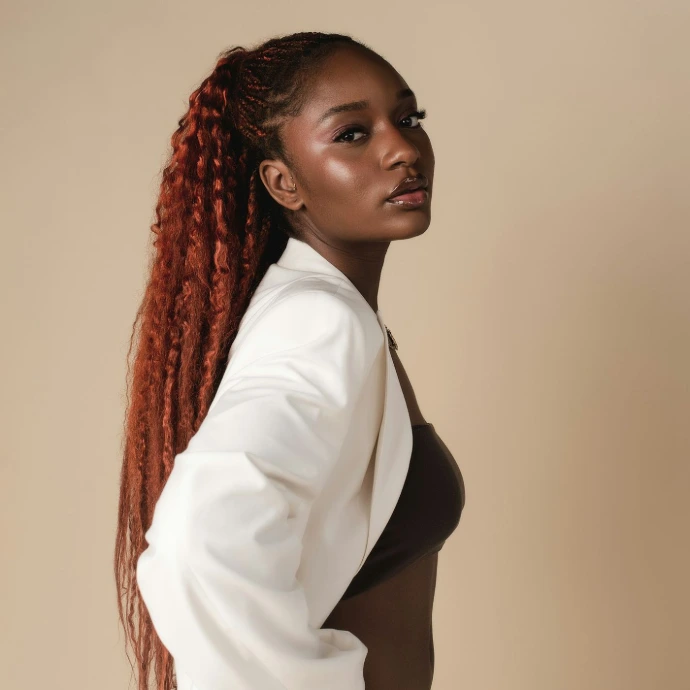 a woman with red hair wearing a white suit